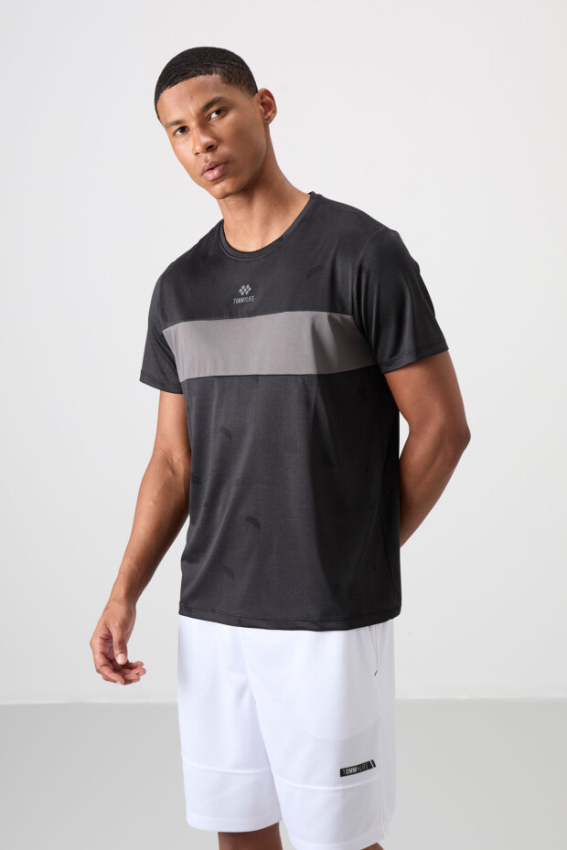 Siyah Nefes Alan Jakarlı İnce Esnek Standart Fit Erkek Performans T-Shirt - 88398 - 1