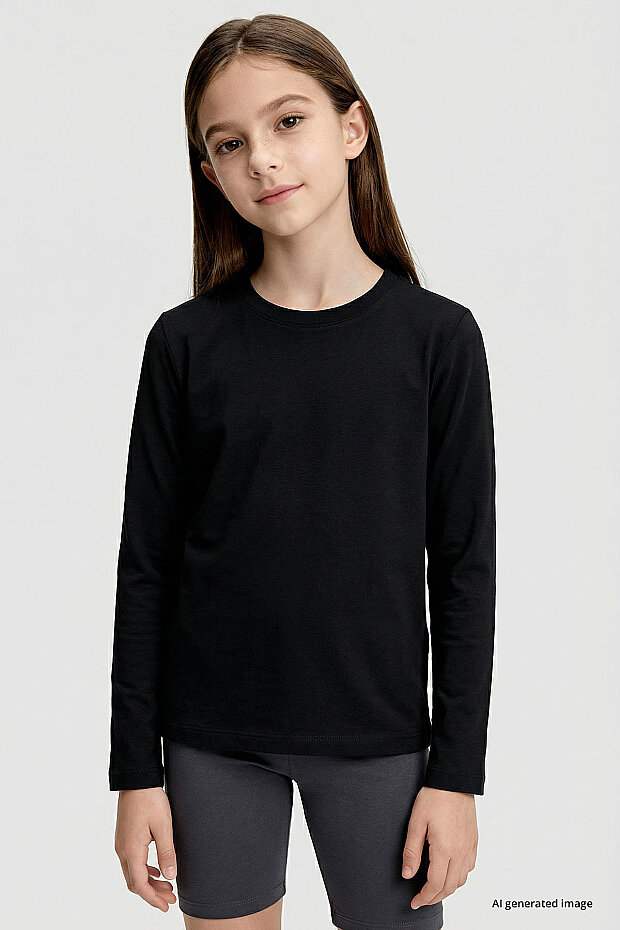 Siyah O Yaka Standart Fit Basic Uzun Kollu Unisex Çocuk T-Shirt - 11329 - 2