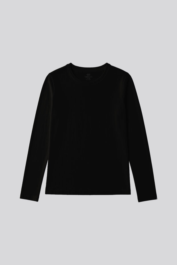Siyah O Yaka Standart Fit Uzun Kollu Basic Kadın T-Shirt - 97312 - 2