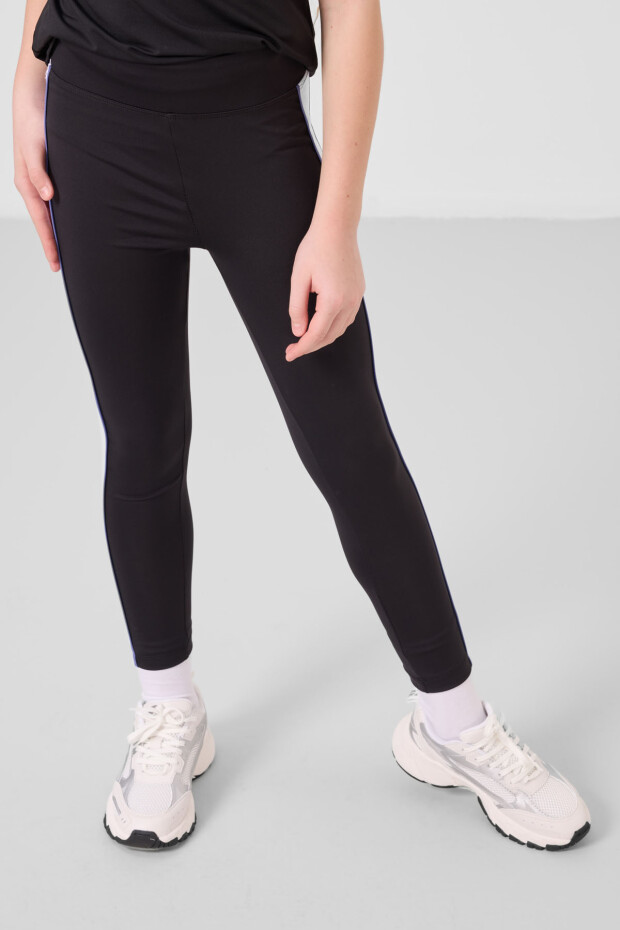 Siyah O Yaka Yan Şerit Detaylı Standart Fit Performans Kız Çocuk Tayt Takım - 75191 - 2