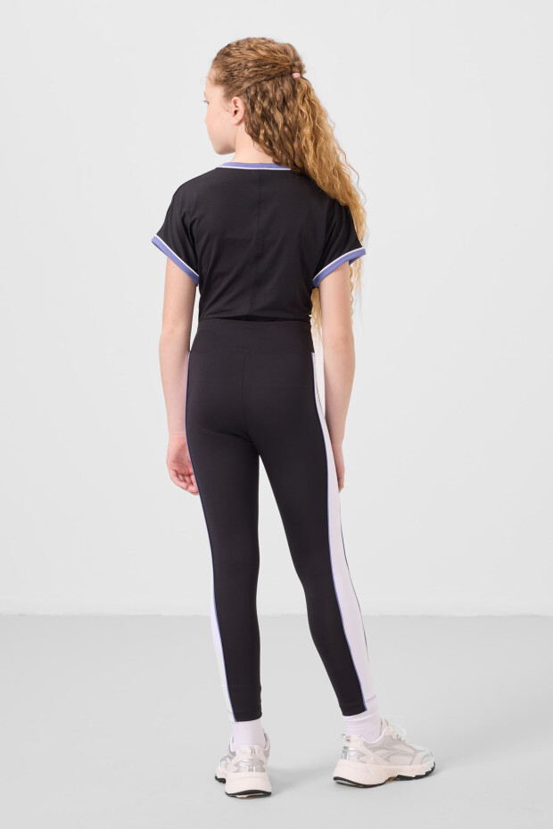 Siyah O Yaka Yan Şerit Detaylı Standart Fit Performans Kız Çocuk Tayt Takım - 75191 - 7