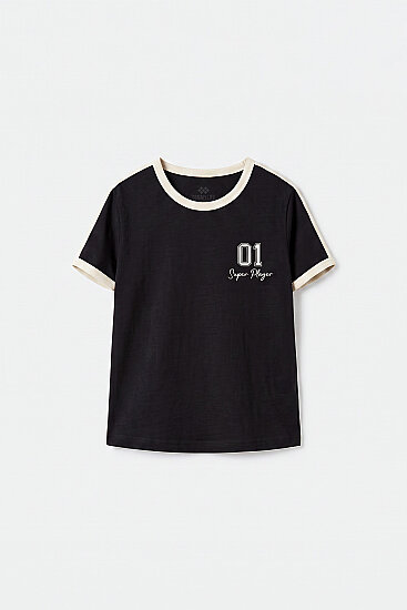 Siyah Omuz Biye Detaylı Baskılı Kız Çocuk T-Shirt - 75181 