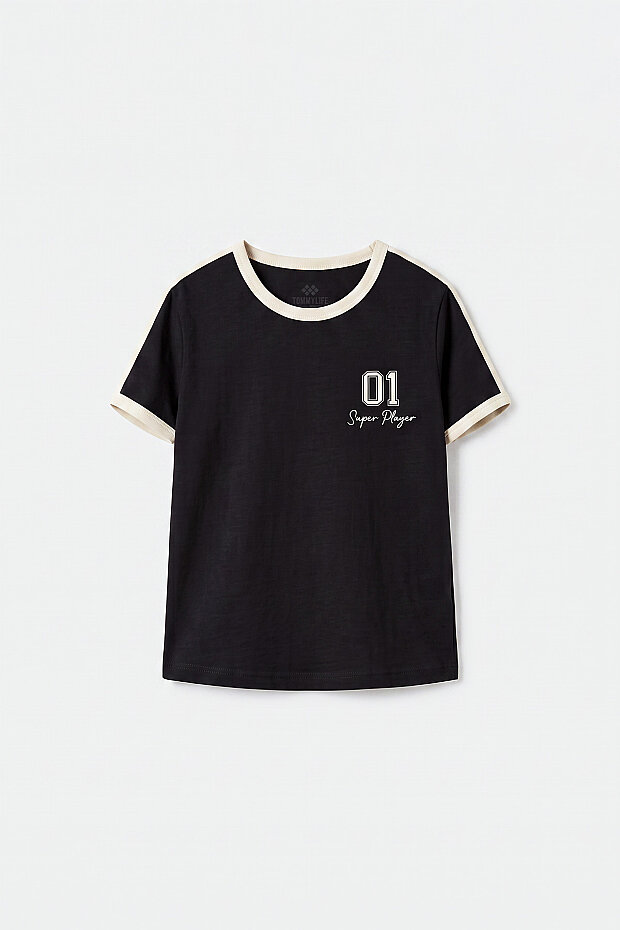 Siyah Omuz Biye Detaylı Baskılı Kız Çocuk T-Shirt - 75181 - 1