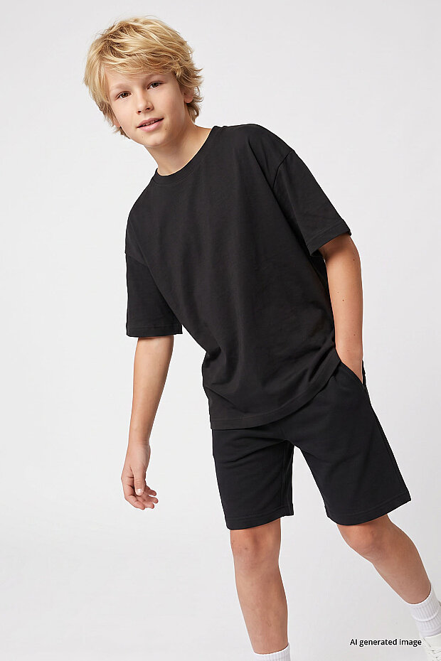 Siyah Oversize Fit Basic Erkek Çocuk Şort Takım - 11335 - 3