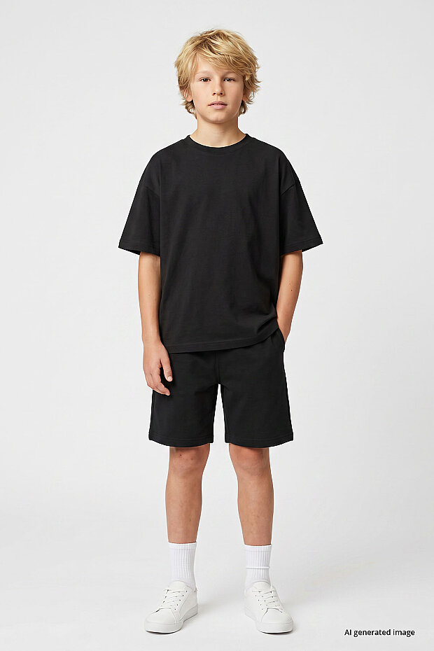 Siyah Oversize Fit Basic Erkek Çocuk Şort Takım - 11335 - 1