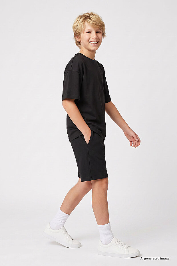 Siyah Oversize Fit Basic Erkek Çocuk Şort Takım - 11335 - 2