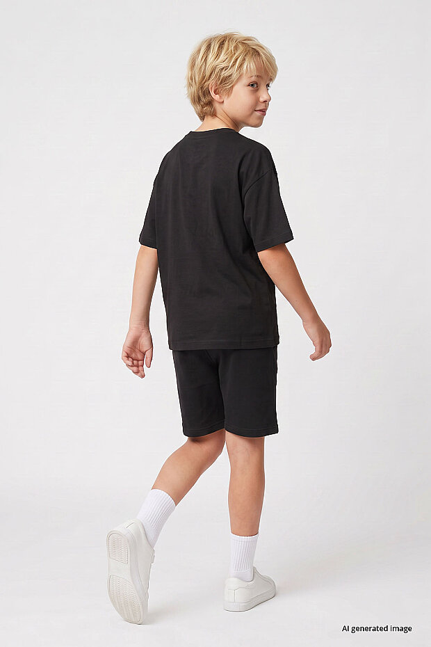 Siyah Oversize Fit Basic Erkek Çocuk Şort Takım - 11335 - 4