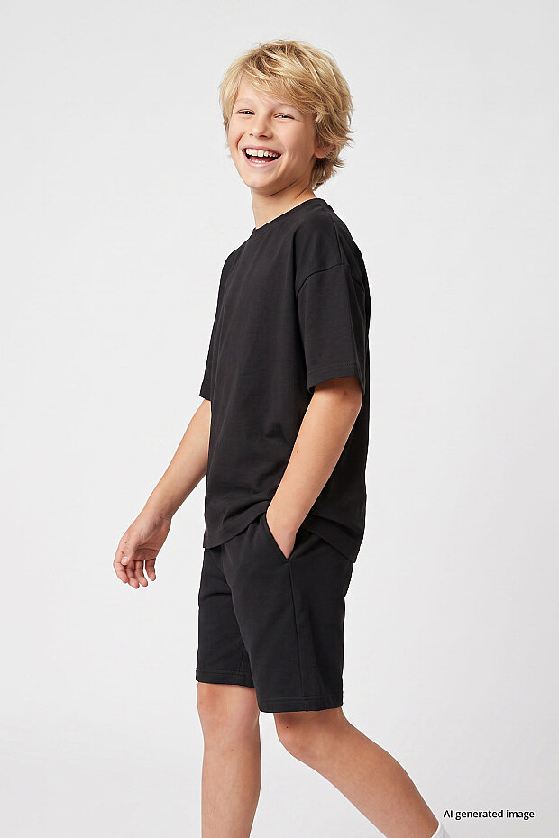 Siyah Oversize Fit Basic Erkek Çocuk Şort Takım - 11335 - 5