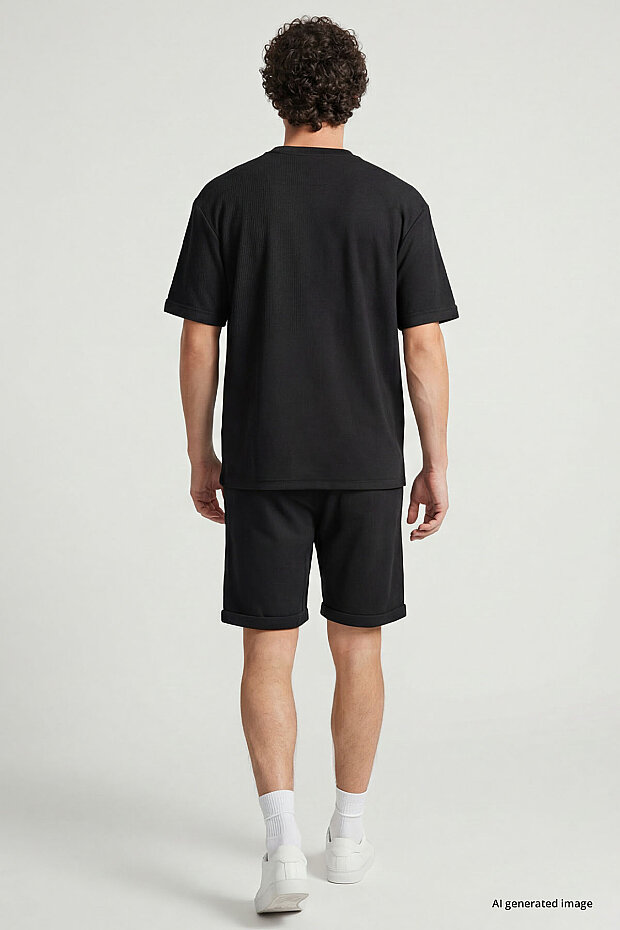 Siyah Oversize Fit Yumuşak Dokulu Basic Erkek Şort Takım - 85274 - 4