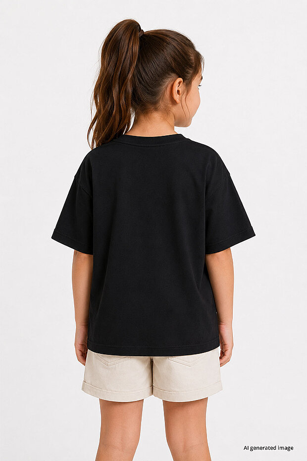 Siyah Rahat Form Kısa Kollu Baskılı Kız Çocuk T-Shirt - 75174 - 3