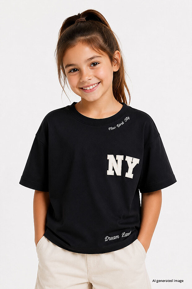 Siyah Rahat Form Kısa Kollu Baskılı Kız Çocuk T-Shirt - 75174 - 1