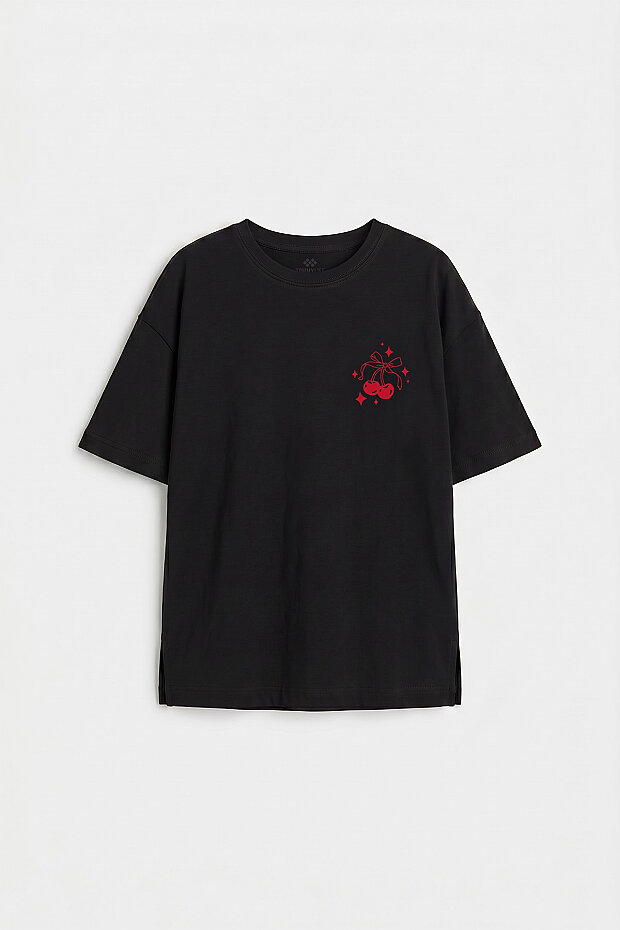 Siyah Rahat Form Kısa Kollu Baskılı Kız Çocuk T-Shirt - 75176 - 3