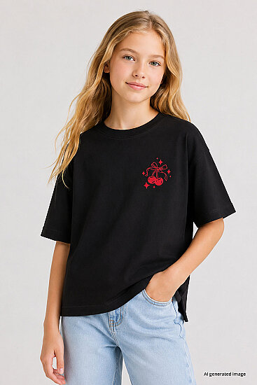 Siyah Oversize Kısa Kollu Baskılı Kız Çocuk T-Shirt - 75176 