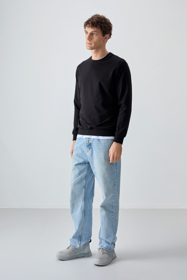 Siyah Pamuk Yumuşak Dokulu Standart Fit Basic Erkek Sweatshirt - 88363 - 2