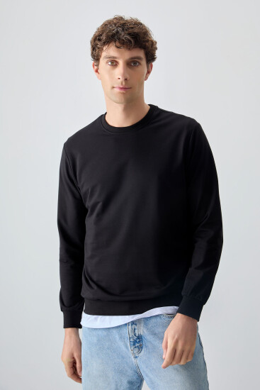 Siyah Pamuk Yumuşak Dokulu Standart Fit Basic Erkek Sweatshirt - 88363 