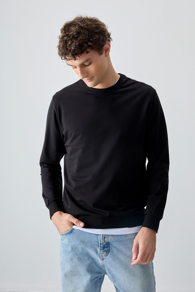 Siyah Pamuk Yumuşak Dokulu Standart Fit Basic Erkek Sweatshirt - 88363 - 4