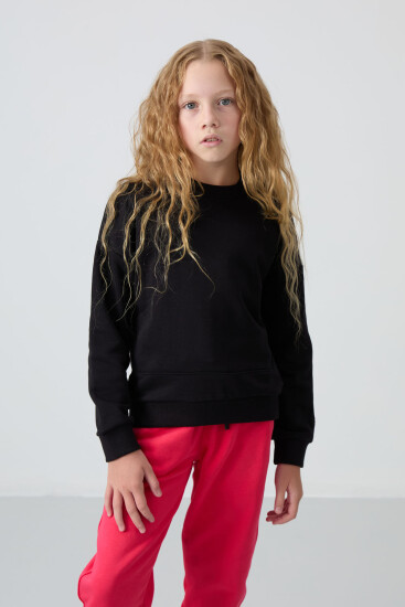 Siyah Pamuklu İçi Tüylü Yumuşak Dokulu Rahat Form Nakışlı Kız Çocuk Sweatshirt - 75150 