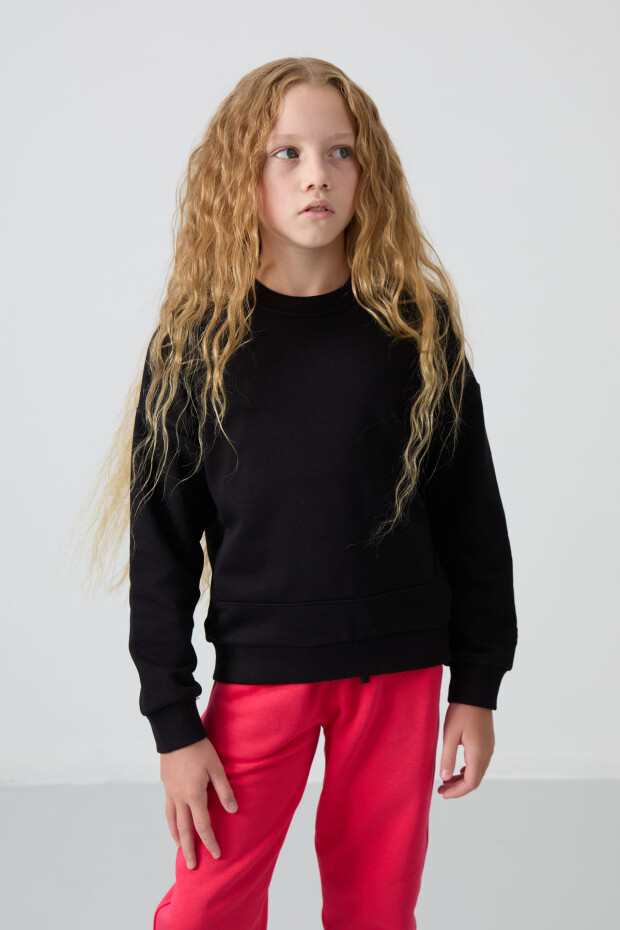 Siyah Pamuklu İçi Tüylü Yumuşak Dokulu Rahat Form Nakışlı Kız Çocuk Sweatshirt - 75150 - 4