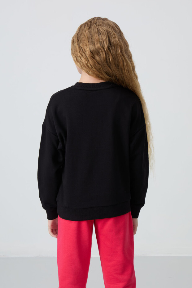 Siyah Pamuklu İçi Tüylü Yumuşak Dokulu Rahat Form Nakışlı Kız Çocuk Sweatshirt - 75150 - 5