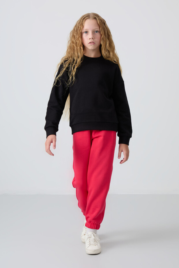 Siyah Pamuklu İçi Tüylü Yumuşak Dokulu Rahat Form Nakışlı Kız Çocuk Sweatshirt - 75150 - 2
