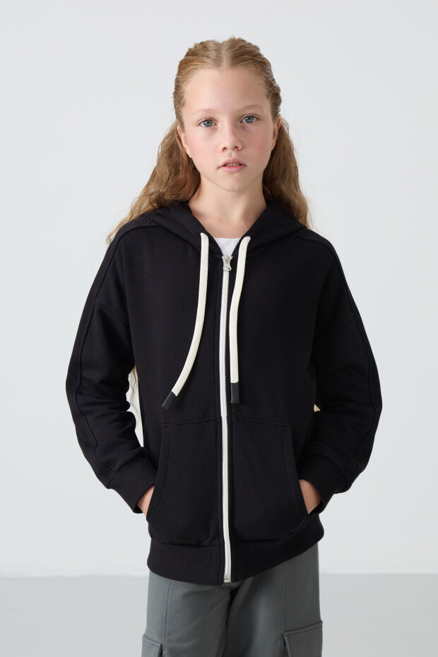 Siyah Pamuklu İçi Tüylü Yumuşak Dokulu Standart Fit Nakışlı Kız Çocuk Sweatshirt - 75149 - 5