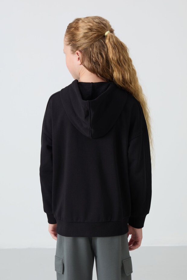 Siyah Pamuklu İçi Tüylü Yumuşak Dokulu Standart Fit Nakışlı Kız Çocuk Sweatshirt - 75149 - 6