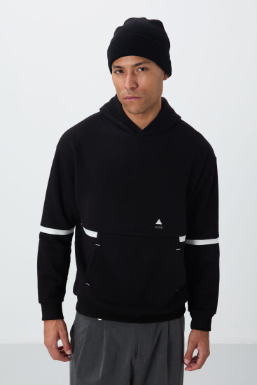 Siyah Pamuklu Kalın İçi Tüylü Yumuşak Dokulu Comfort Fit Nakışlı Erkek Sweatshirt - 88417 