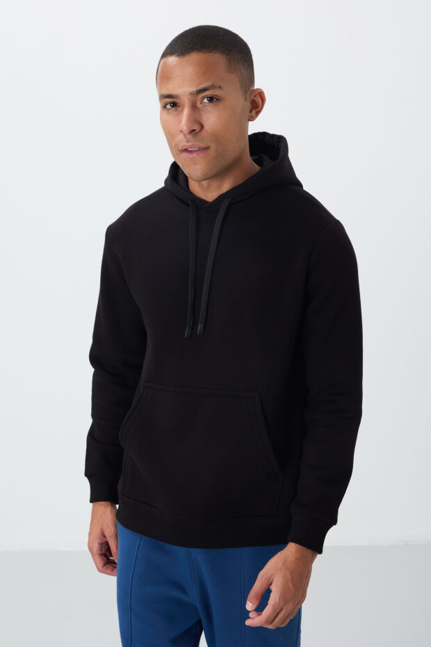 Siyah Pamuklu Kalın İçi Tüylü Yumuşak Dokulu Comfort Fit Nakışlı Erkek Sweatshirt - 88419 - 4
