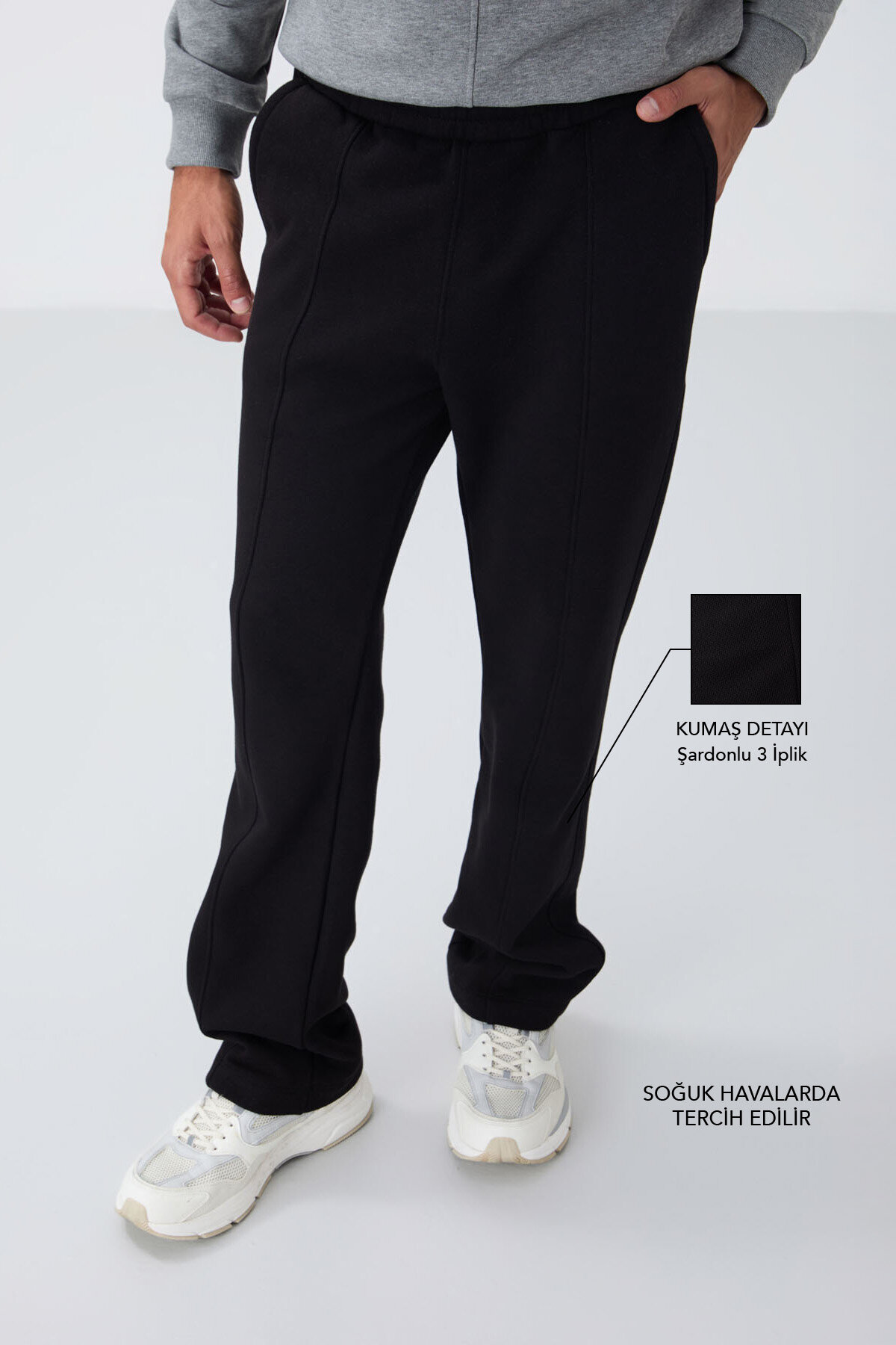 Siyah Pamuklu Kalın İçi Tüylü Yumuşak Dokulu Oversize Nakışlı Erkek Eşofman Altı -82146 - TOMMYLIFE