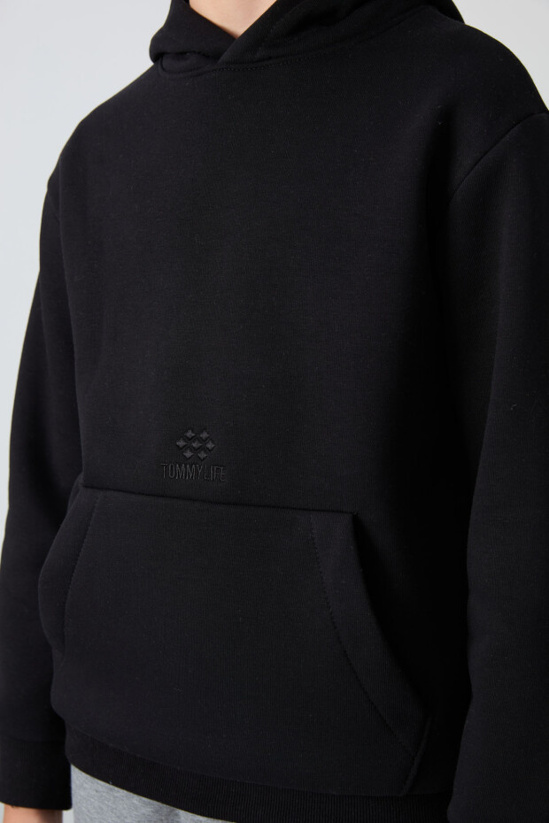 Siyah Pamuklu Kalın İçi Tüylü Yumuşak Dokulu Standart Fit Baskılı Erkek Çocuk Sweatshirt - 11215 - 2