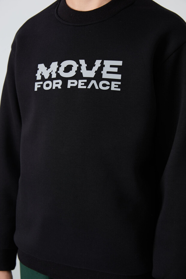 Siyah Pamuklu Kalın İçi Tüylü Yumuşak Dokulu Standart Fit Baskılı Erkek Çocuk Sweatshirt - 11216 - 3