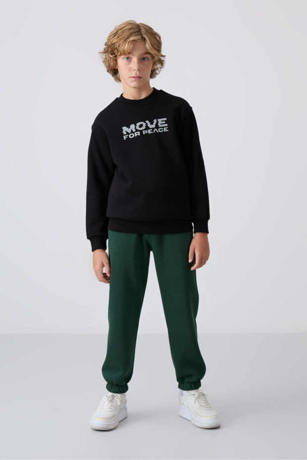 Siyah Pamuklu Kalın İçi Tüylü Yumuşak Dokulu Standart Fit Baskılı Erkek Çocuk Sweatshirt - 11216 - 2