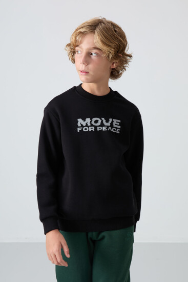 Siyah Pamuklu Kalın İçi Tüylü Yumuşak Dokulu Standart Fit Baskılı Erkek Çocuk Sweatshirt - 11216 