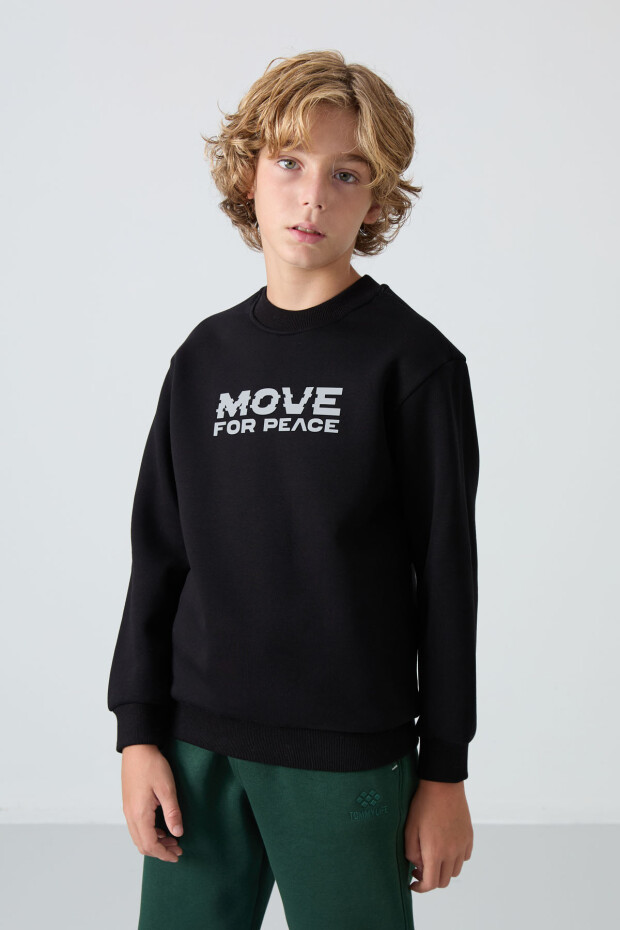 Siyah Pamuklu Kalın İçi Tüylü Yumuşak Dokulu Standart Fit Baskılı Erkek Çocuk Sweatshirt - 11216 - 4