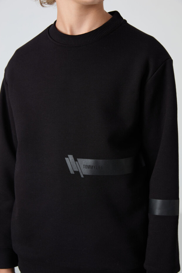 Siyah Pamuklu Kalın İçi Tüylü Yumuşak Dokulu Standart Fit Baskılı Erkek Çocuk Sweatshirt - 11238 - 3