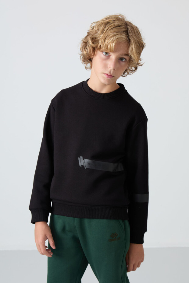 Siyah Pamuklu Kalın İçi Tüylü Yumuşak Dokulu Standart Fit Baskılı Erkek Çocuk Sweatshirt - 11238 - 2