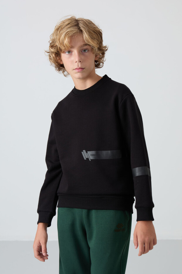 Siyah Pamuklu Kalın İçi Tüylü Yumuşak Dokulu Standart Fit Baskılı Erkek Çocuk Sweatshirt - 11238 - 5