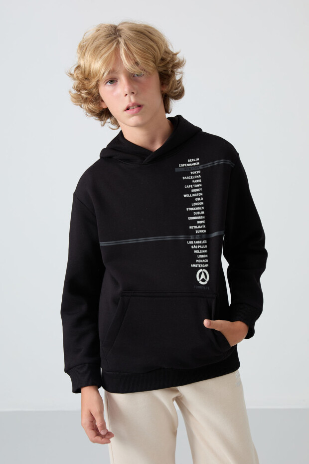 Siyah Pamuklu Kalın İçi Tüylü Yumuşak Dokulu Standart Fit Baskılı Erkek Çocuk Sweatshirt - 11239 - 4