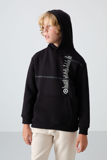 Siyah Pamuklu Kalın İçi Tüylü Yumuşak Dokulu Standart Fit Baskılı Erkek Çocuk Sweatshirt - 11239 