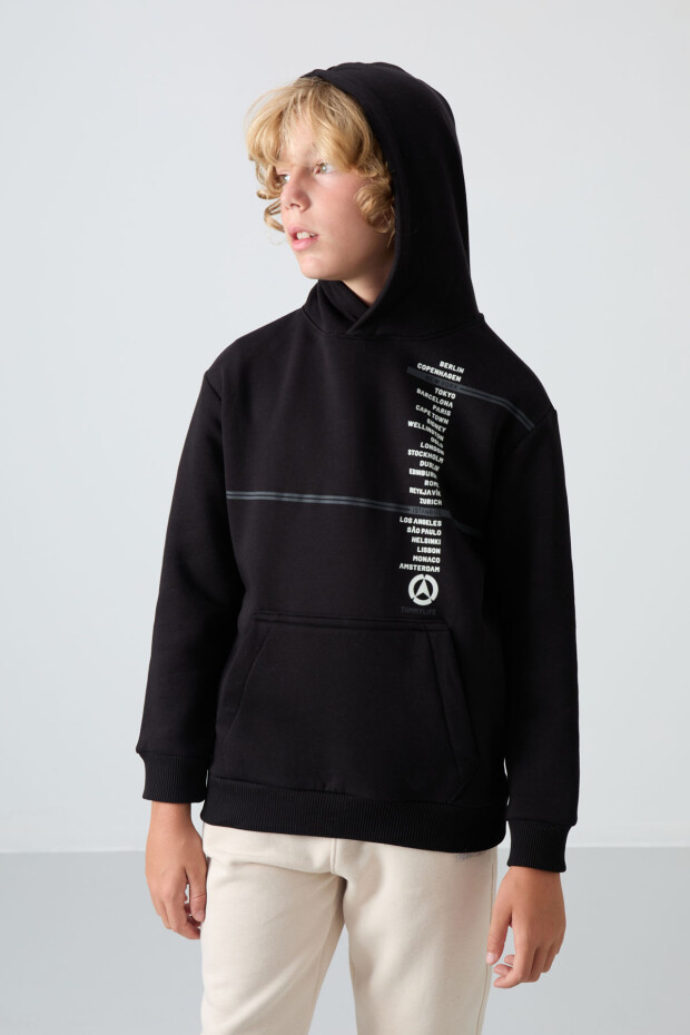 Siyah Pamuklu Kalın İçi Tüylü Yumuşak Dokulu Standart Fit Baskılı Erkek Çocuk Sweatshirt - 11239 - 1