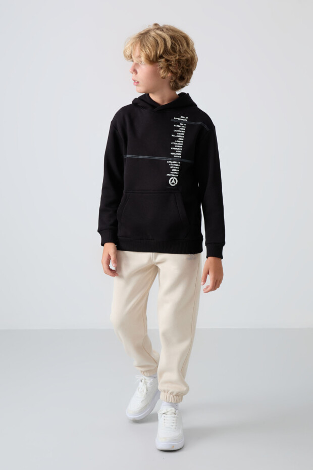 Siyah Pamuklu Kalın İçi Tüylü Yumuşak Dokulu Standart Fit Baskılı Erkek Çocuk Sweatshirt - 11239 - 2