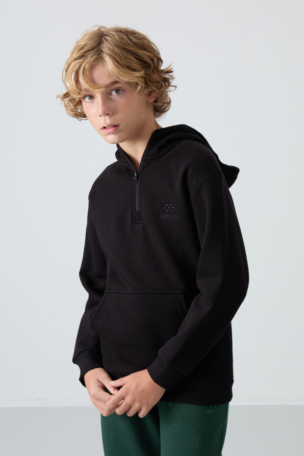 Siyah Pamuklu Kalın İçi Tüylü Yumuşak Dokulu Standart Fit Nakışlı Erkek Çocuk Sweatshirt - 11244 - 4