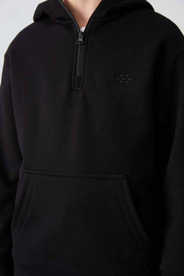 Siyah Pamuklu Kalın İçi Tüylü Yumuşak Dokulu Standart Fit Nakışlı Erkek Çocuk Sweatshirt - 11244 - 3
