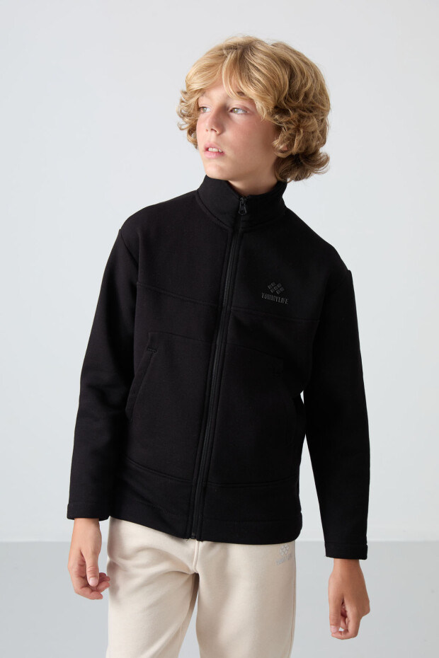 Siyah Pamuklu Kalın İçi Tüylü Yumuşak Dokulu Standart Fit Nakışlı Erkek Çocuk Sweatshirt - 11245 - 4