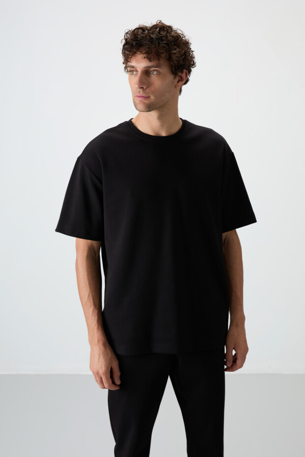 Siyah Pamuklu Kalın Yumuşak Dokulu Oversize Fit Basic Erkek Eşofman Takım - 85251 - 2
