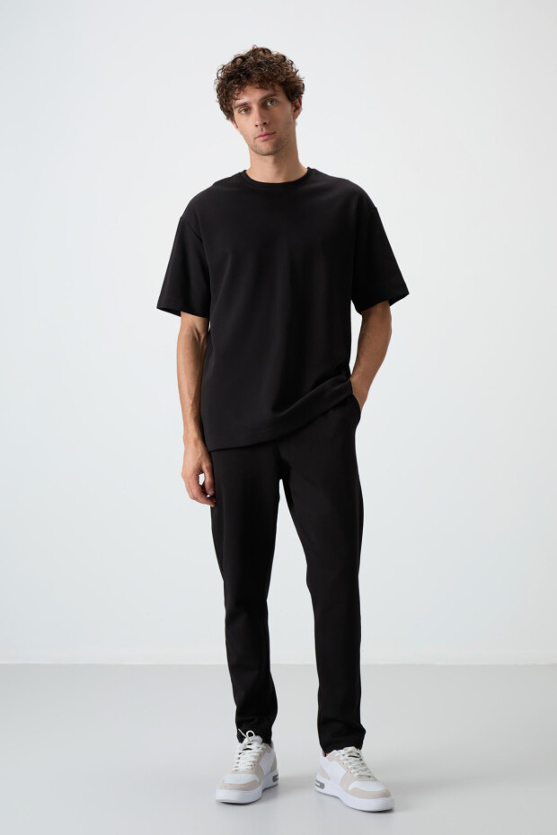 Siyah Pamuklu Kalın Yumuşak Dokulu Oversize Fit Basic Erkek Eşofman Takım - 85251 - 4