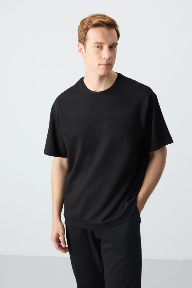 Siyah Pamuklu Kalın Yumuşak Dokulu Oversize Fit Basic Erkek Eşofman Takım - 85261 - 4