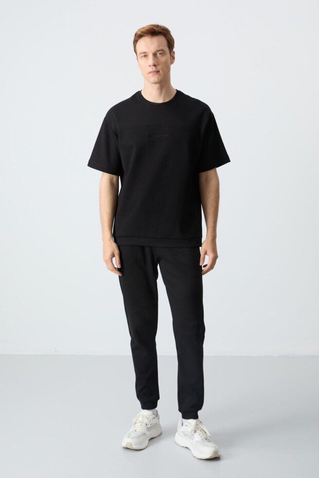 Siyah Pamuklu Kalın Yumuşak Dokulu Oversize Fit Basic Erkek Eşofman Takım - 85261 - 1