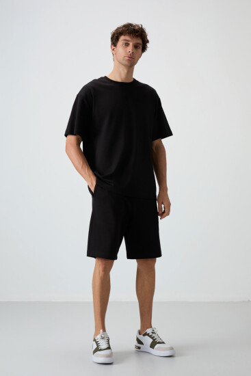 Siyah Pamuklu Kalın Yumuşak Dokulu Oversize Fit Basic Erkek Şort Takım - 85249 
