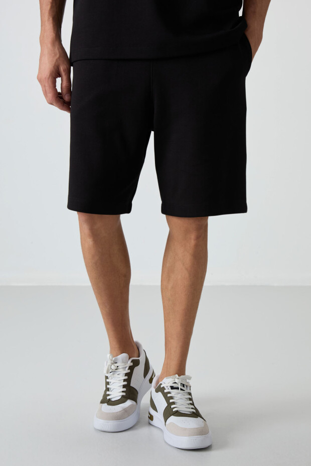Siyah Pamuklu Kalın Yumuşak Dokulu Oversize Fit Basic Erkek Şort Takım - 85249 - 5